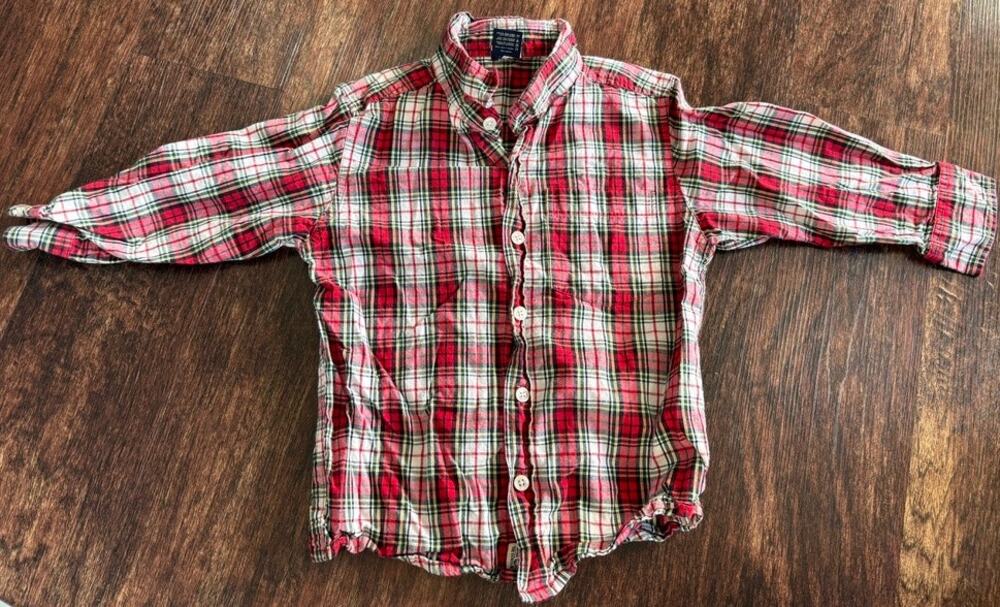 Vintage OshKosh B'Gosh Boys Size 5 Red White Plaid Holiday Button Down Shirt EUC